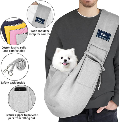 Cuby Adjustable Dog Cat Sling Padded Hard Bottom Pet Carrier Sling Soft Carrying Puppy Bag for Small Dogs Cats Outdoor Travel (Grayish-White)