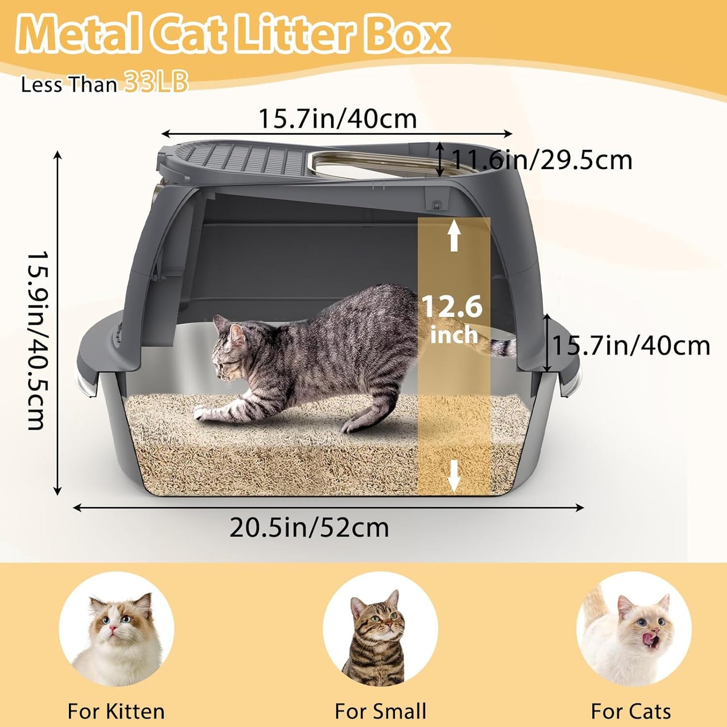OGEMXU Stainless Steel Litter Box with Lid, Top Entry Covered Kitten Litter Box, Enclosed Litter Tray for Easy Cleaning & Odor Control, Includes Scoop and Litter Mat, Gray