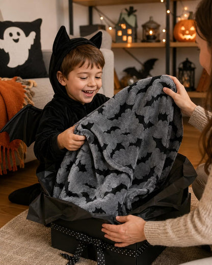 Halloween Fleece Throw Blanket, Black Bats on Gray, 50"x70" Oversized