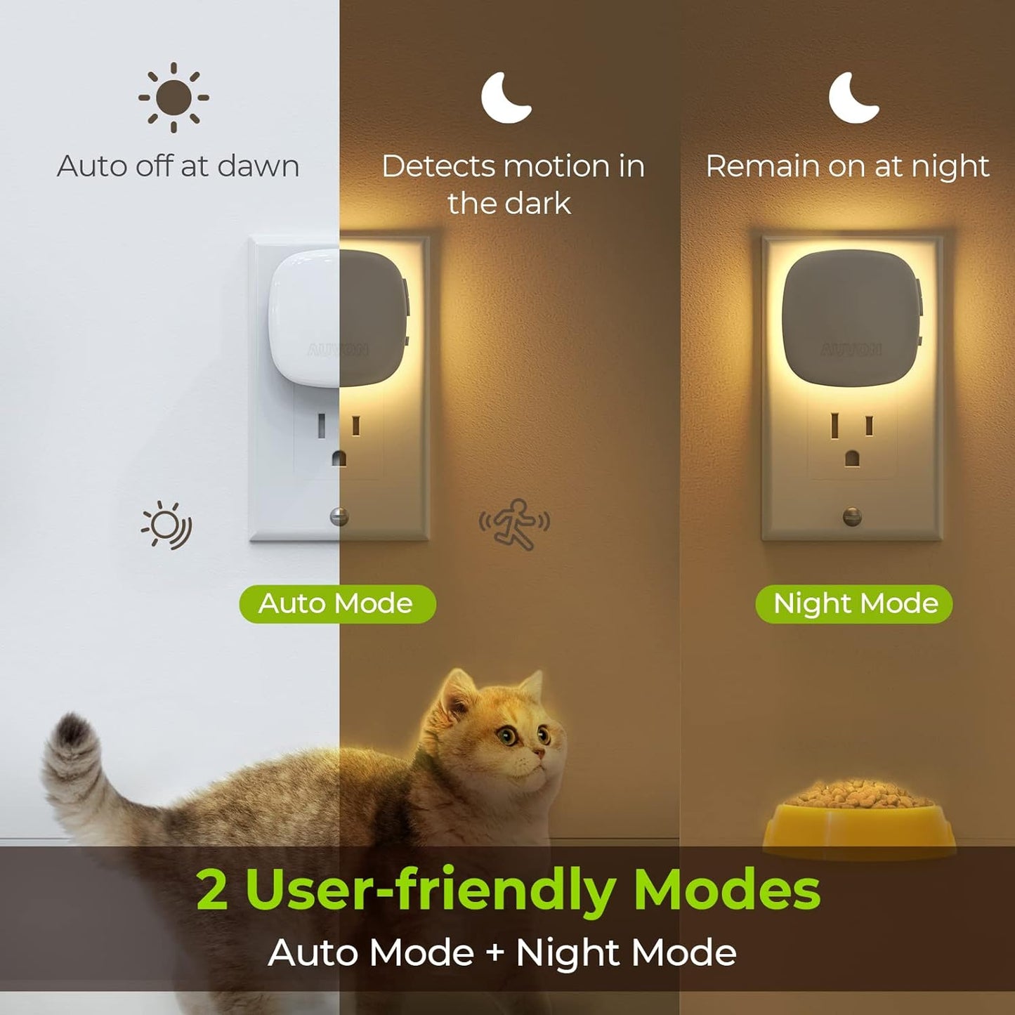 Plug-In LED Backlit Night Light with Motion Sensor and Dusk to Dawn Sensor, Dimmable Warm White Night Light 1–50 Lumens for Bedroom, Bathroom, Hallway and Stairs, 2 Pack - PuriLite