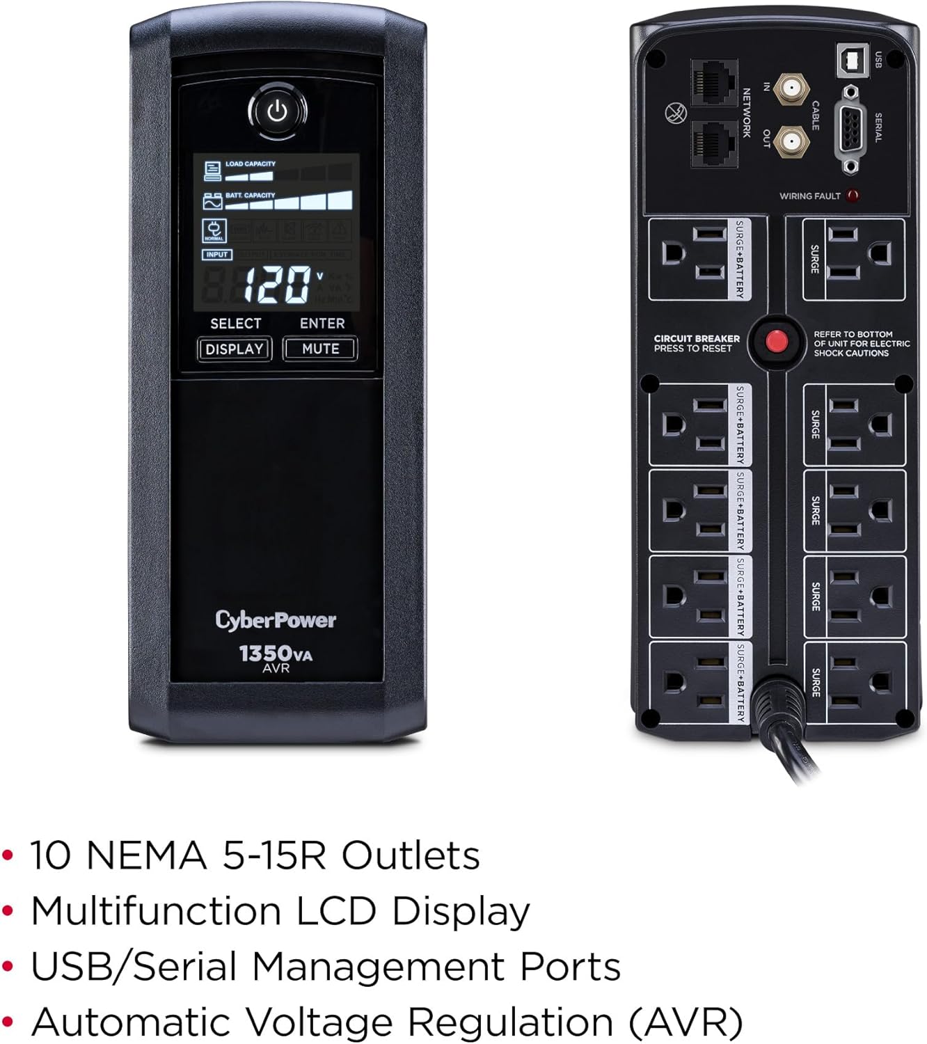 CyberPower CP1500AVRLCD3 Intelligent LCD UPS System, 1500VA/900W, 12 Outlets, 2 USB Ports, AVR, Mini Tower, Black