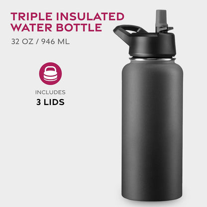 FineDine Water Bottle - Stainless Steel Insulated Water Bottle with Straw Lid, Flip Lid & Wide-Mouth Cap - Keeps Hot and Cold - 25 Oz / 739ml - Pure Pearly White