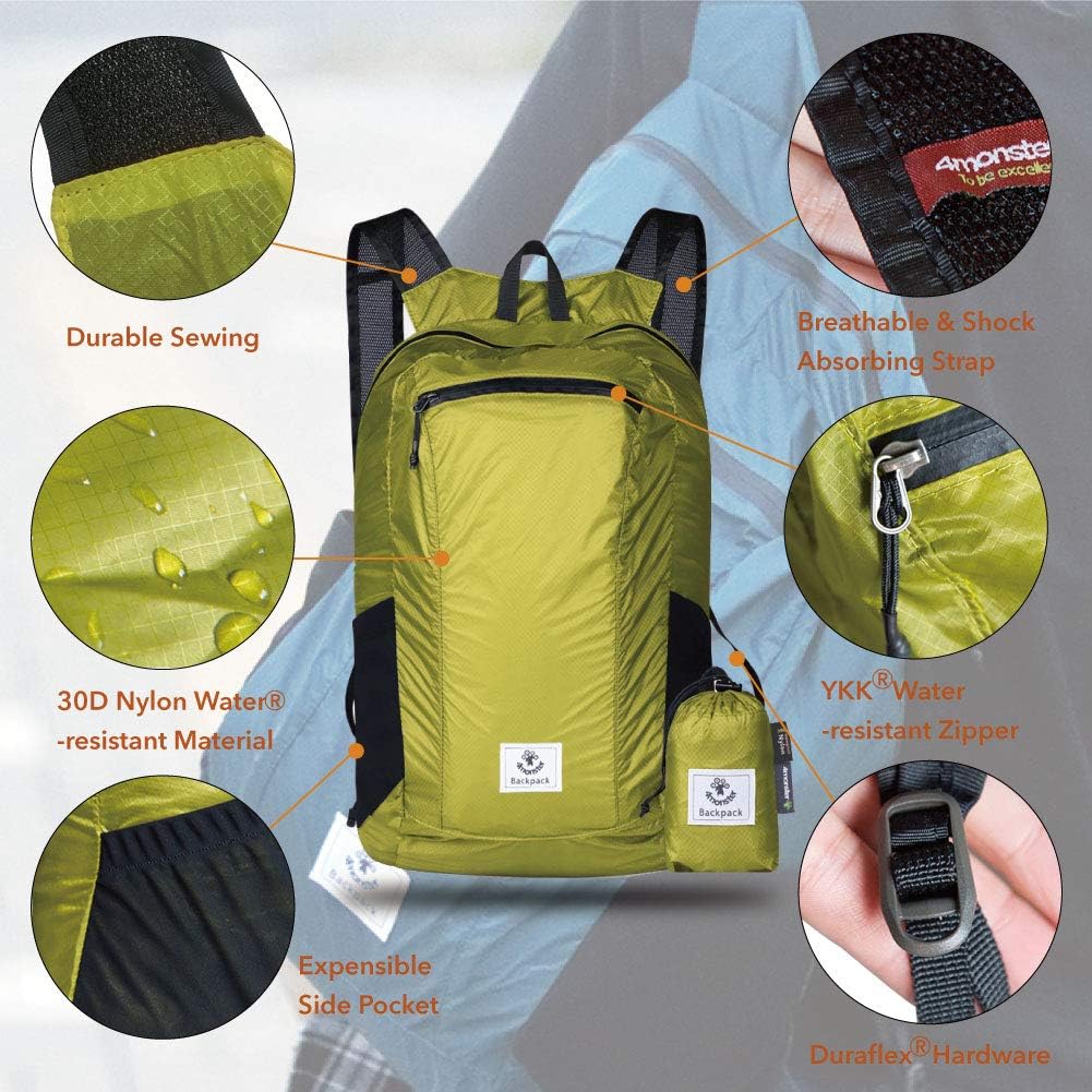 4Monster Hiking Daypack,Water Resistant Lightweight Packable Backpack for Travel Camping Outdoor