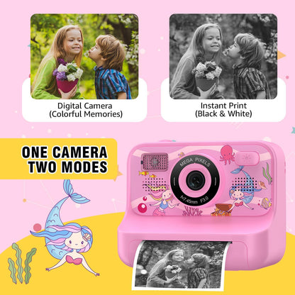 Instant Print Camera for Kids Age 3-12 Girls Boys 1080P Selfie HD Digital Video Cameras with 6 Print Paper & 32G Card Toddler Portable Travel Toys Camera for Christmas Birthday Gifts