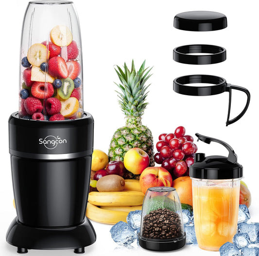 Sangcon 1000W Blender for Smoothies, Blenders for Kitchen with (3) Cups (2) Spout Covers (1) Storage Cap (1) To-Go Cap, Portable Blender for Shakes and Smoothies, Ice Crushing, Frozen Drinks, Spices - PuriLite
