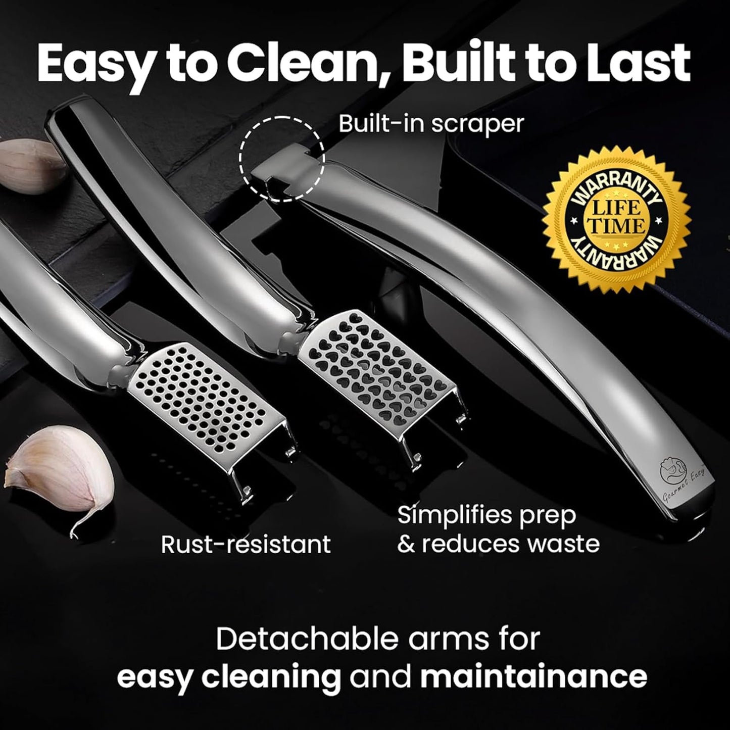 No Peeling Required Garlic Press Stainless Steel with Detachable Handle for Fine Mincing-Premium Garlic Mincer Tool, Rust-Proof, Easy to Clean, Dishwasher Safe Garlic Crusher with Lifetime Replacement
