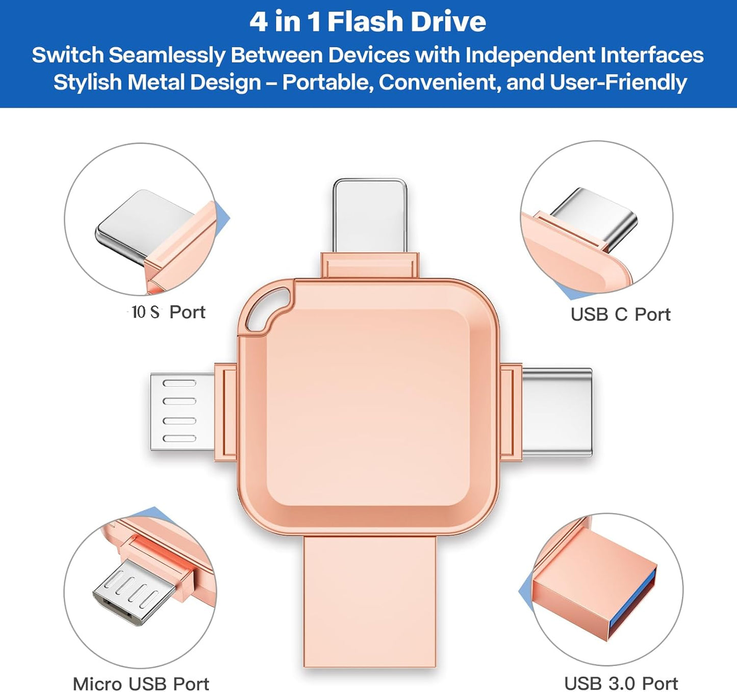 LANSLSY 256GB 4 in 1 Flash Drive for iPhone USB Flash Drive Memory Stick,Silver Photo Stick for iPhone/i- pad/Android/PC