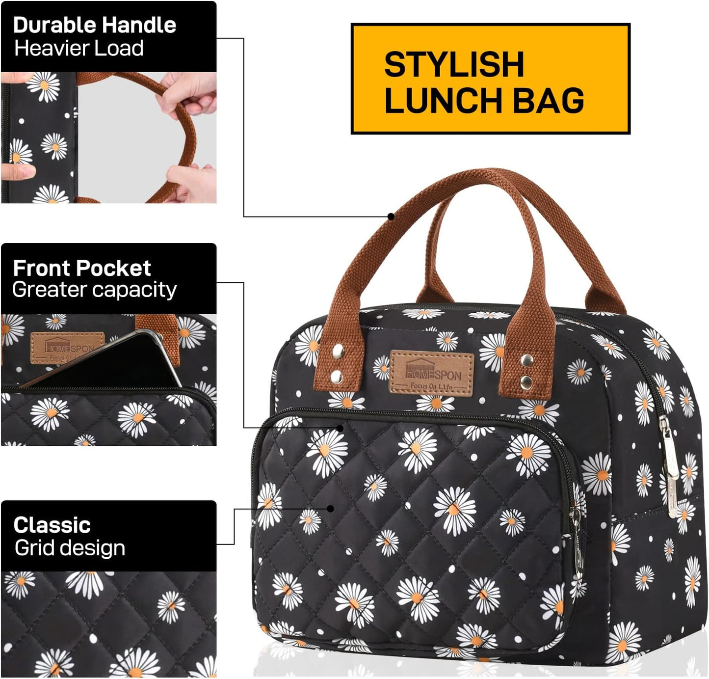 HOMESPON Lunch Bag for Woman Man Adults with Front Pocket Insulated Lunch Tote Lunch Box Container for Work Picnic or Travel(Black)