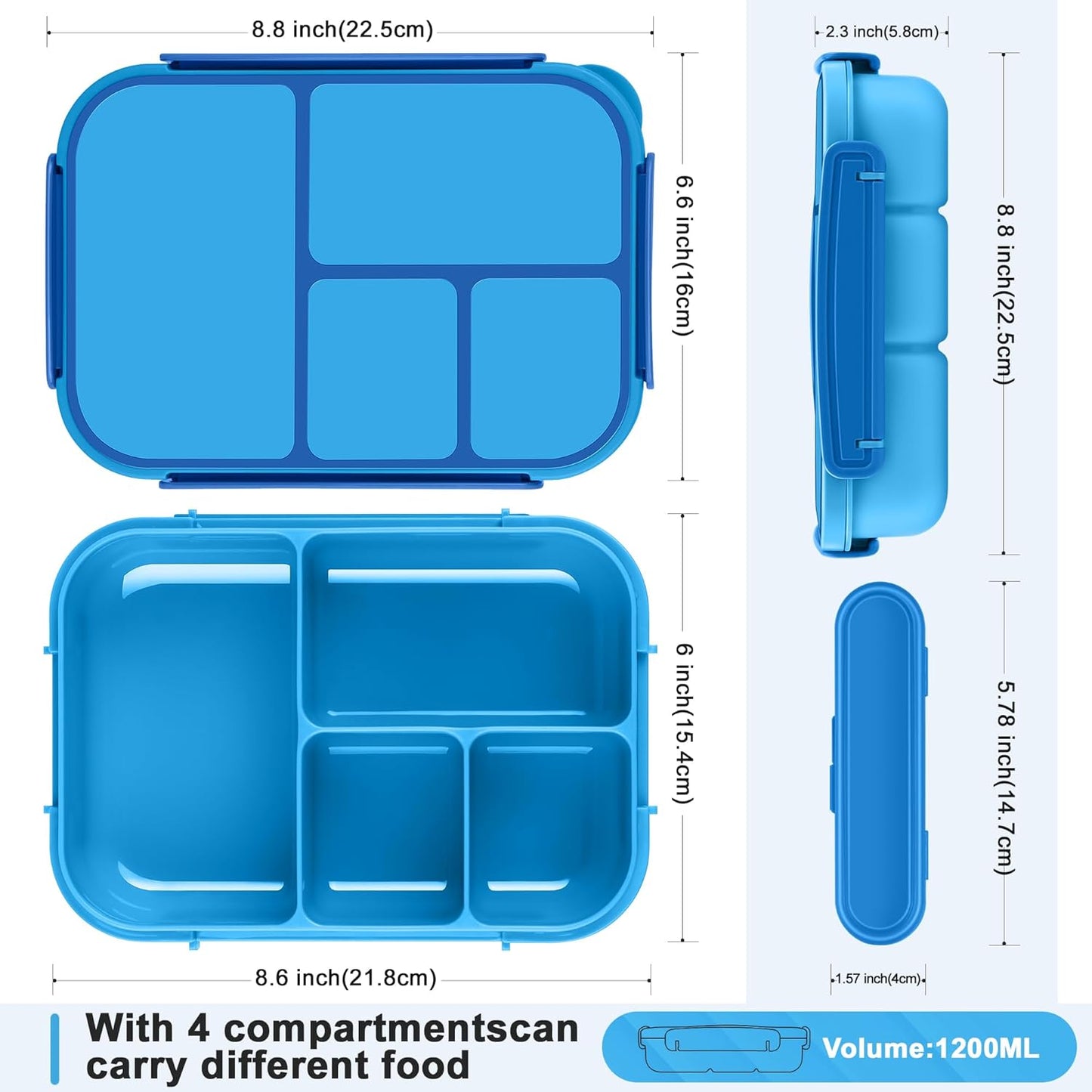 Amathley Lunch Box Kids,Bento Box Adult Lunch Box,Leakproof Lunch Containers for Adults/Kids/Toddler,1200ML-4 Compartments bento Lunch box with Utensil,Microwave & Dishwasher Safe(Dark Gray)