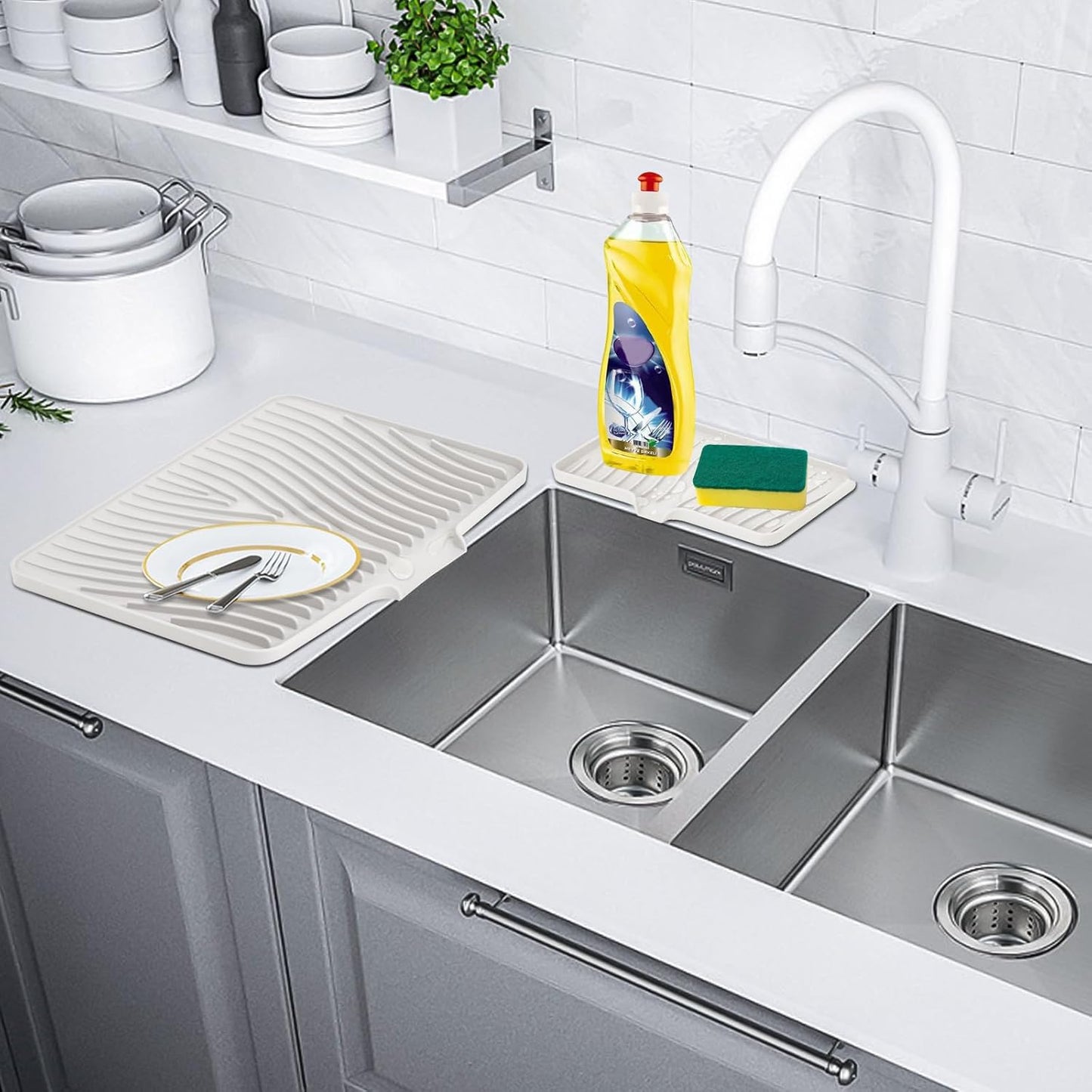 TIKNIK Silicone Dish Drying Mat for Kitchen Counter, Dish Drying Pad, Non-Slip Drain Pad with Built-in Drain, Heat Resistant Stone Drying Mat(40 L x 33 W cm, Grey)