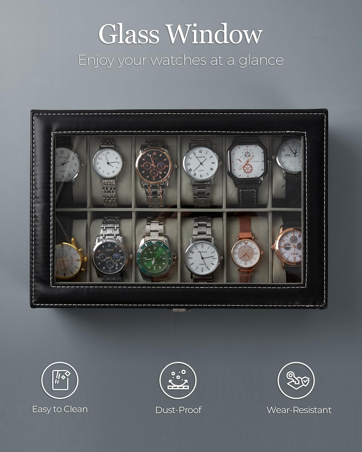 Ohuhu Watch Box Organizer for Men -12 Slot Leather Watch Case with Real Glass Lid Watch Display Case, Watch Organizer Jewelry Storage Box