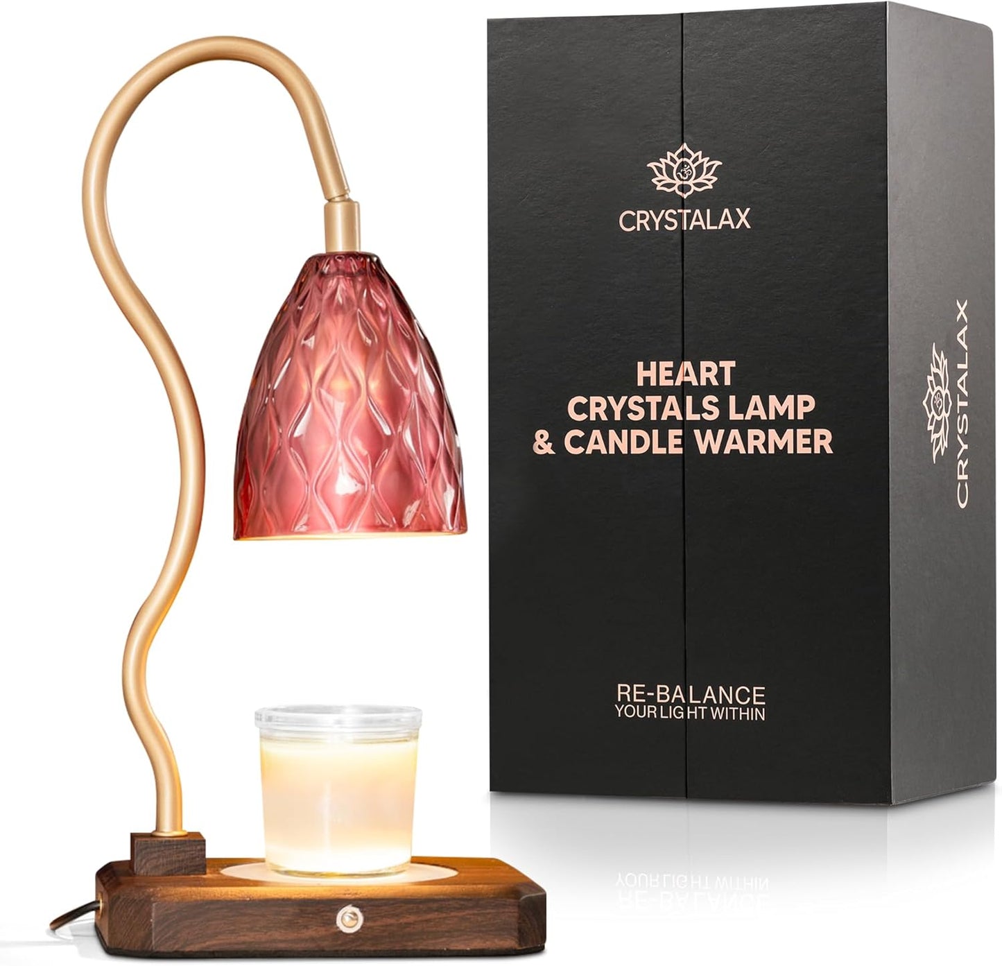 CRYSTALAX Heart Chakra Lamp & Candle Warmer – Rose Quartz Crystal-Filled Dual Light, Boho Decor, Touch Dimmer, Self-Care Meditation Lamp for Bedroom, Yoga, Reiki & Gifting.