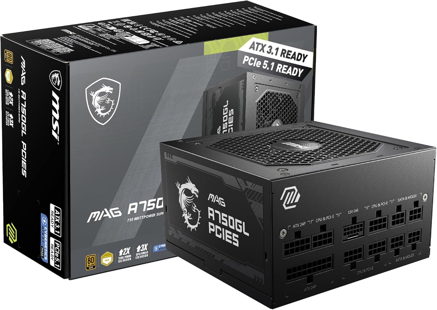 MSI MAG A750GL PCIE 5 Gaming Power Supply - Full Modular - 80 Plus Gold Certified 750W - Compact Size - ATX PSU - PuriLite