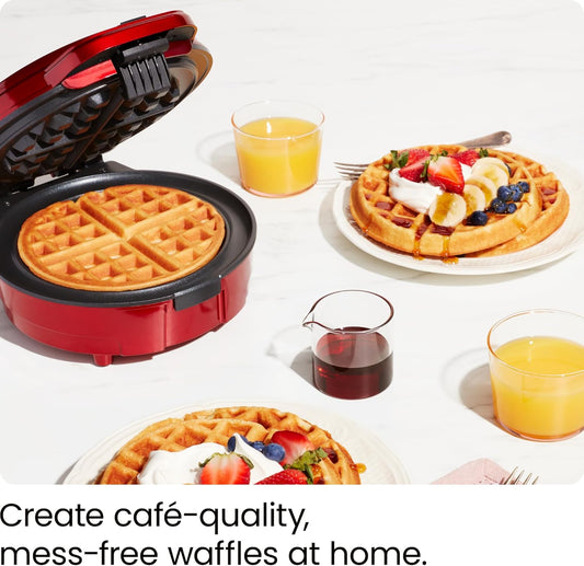 Chefman Anti-Overflow Belgian Waffle Maker w/ Shade Selector, Temperature Control, Mess Free Moat, Round Iron w/ Nonstick Plates & Cool Touch Handle, Measuring Cup Included, Red - PuriLite