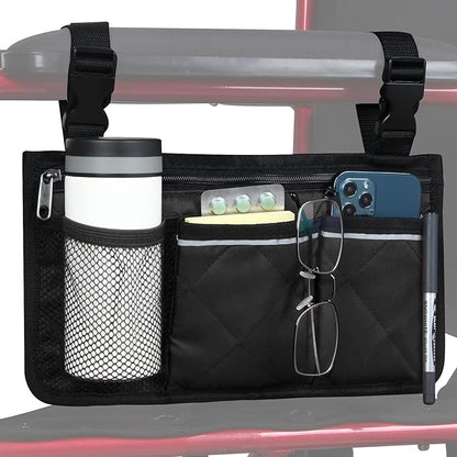 Wheelchair Side Bag, Wheelchair Armrest Storage Pouch with Cup Holder and Reflective Strip for Wheelchairs, Walkers or Rollators (Black)