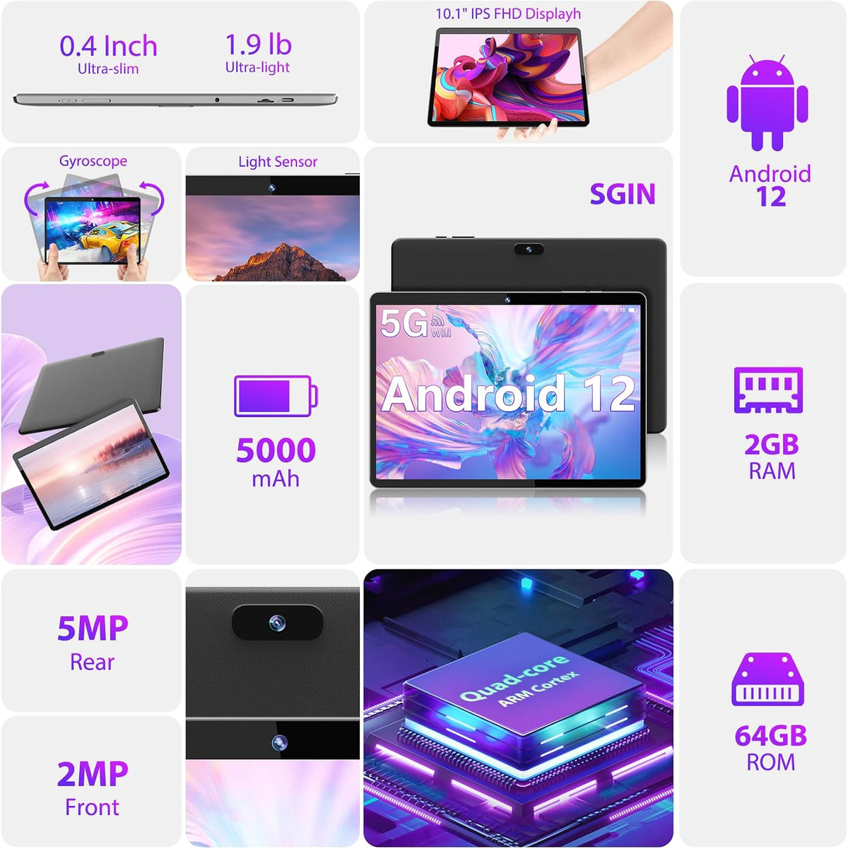 Android 12 Tablet with 10.1 Inch 1280 * 800 IPS Srceen, 2GB RAM 64GB ROM Tablet, Octa-Core 1.6GHz Processor, 5MP+2MP Dual Camera, 5000mAh, WiFi, Bluetooth 5.0, GPS, 256GB Expansion