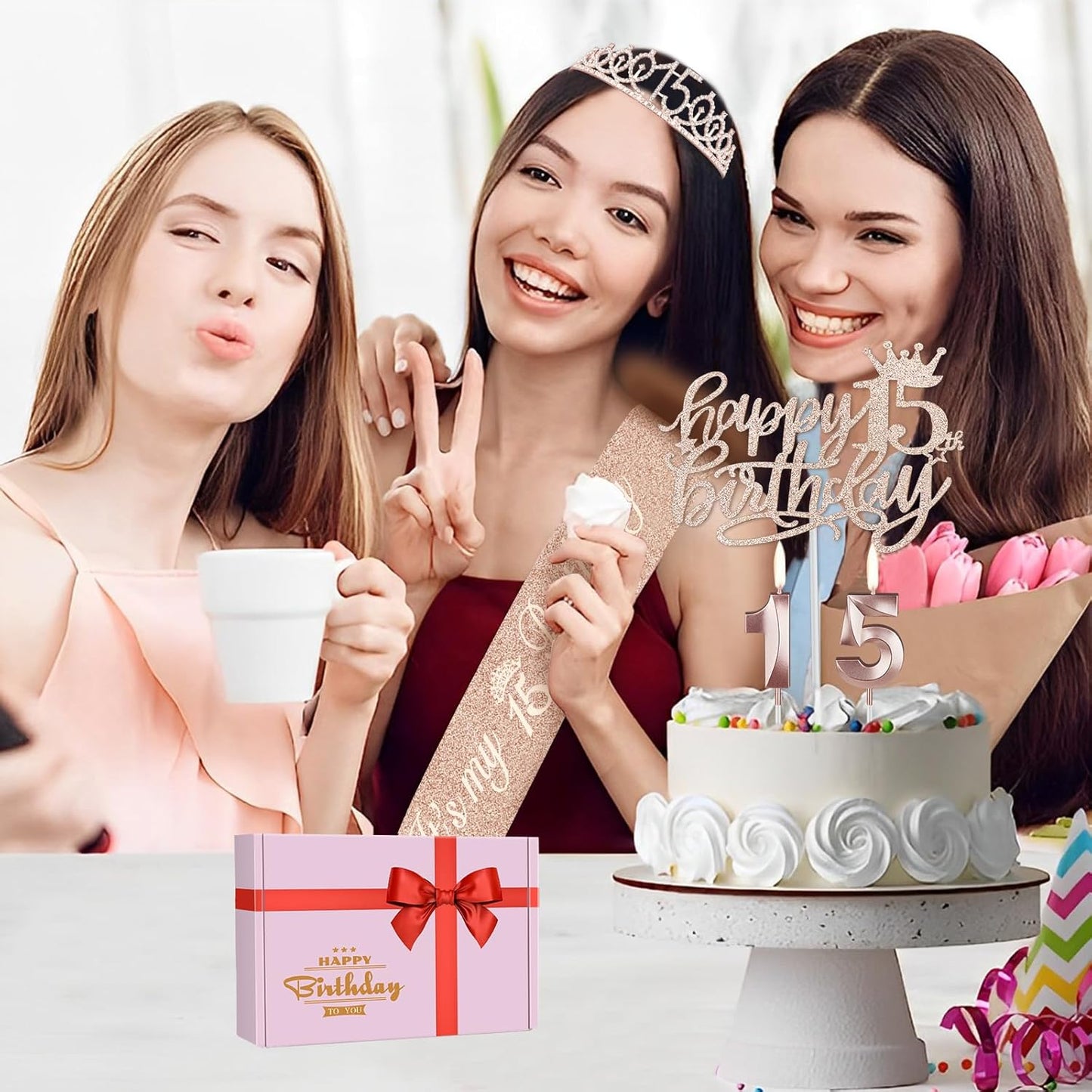 65th Birthday Decorations for Women, Including 65th Birthday Sash and Crown, Cake Topper and Candles, Number Balloons Rose Gold, 65 Year Old Gifts for Women