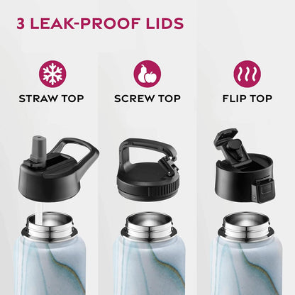 FineDine Water Bottle - Stainless Steel Insulated Water Bottle with Straw Lid, Flip Lid & Wide-Mouth Cap - Keeps Hot and Cold - 25 Oz / 739ml - Pure Pearly White