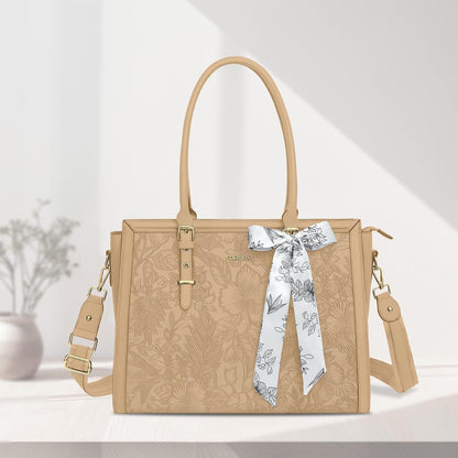 MOSISO Laptop Bag for Women, 17-17.3 inch PU Leathe Tote Bag Compatible with MacBook, HP, Dell, Asus Notebook, Front Embossed Retro Hibiscus Computer Bag with Silk Scarf&Clutch Purse, Gray - PuriLite