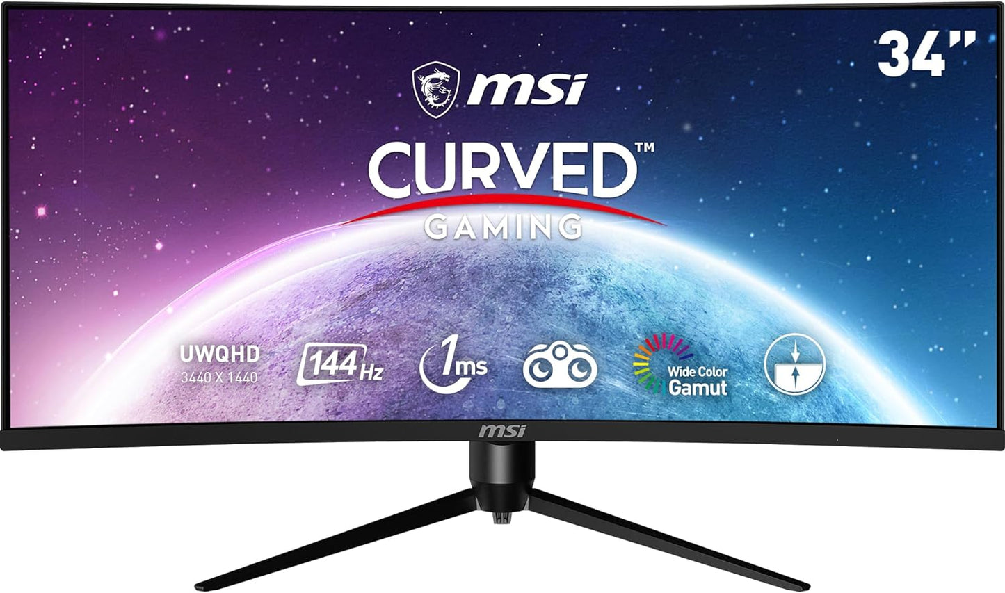 MSI Optix MAG342CQR 1500R Curvature 21:9 Aspect Ratio Narrow Bezel 1ms 3440x1440(UWQHD) 144Hz Refresh Rate Tilt/Swivel/Height/Pivot Adjustment 34" AMD Freesync Gaming Curved Monitor, Black, Pack of 1