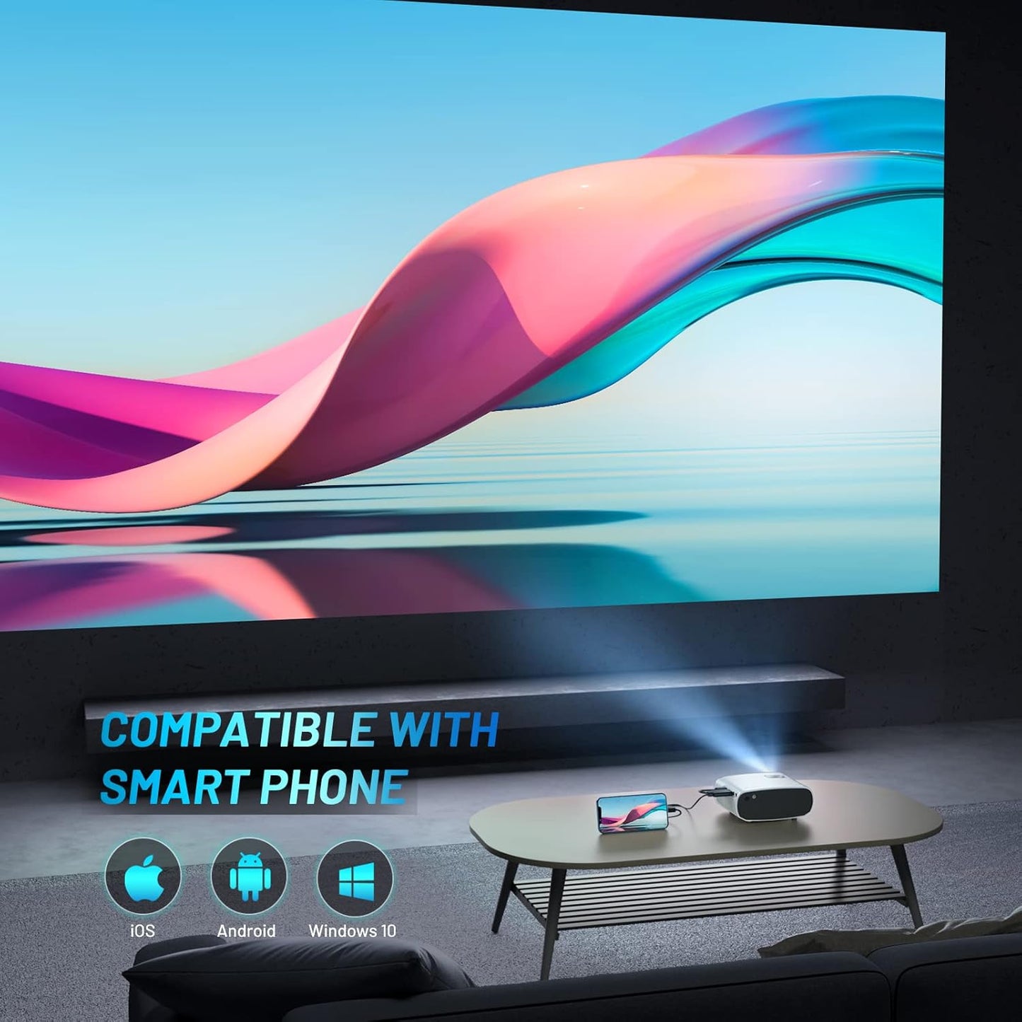 ELEPHAS Mini Projector with Projector Stand - Movie Projector with 8000L and Full HD 1080P, 50% Zoom, Home Theater Projector Compatible with TV Stick, Video Games, HDMI, USB, Smartphone