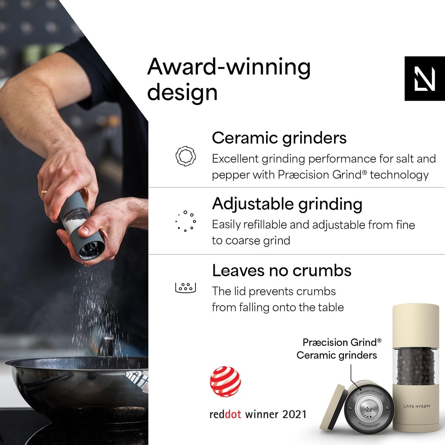 LARS NYSØM Salt and Pepper Grinder Set I Salt and Pepper Mills with Adjustable Ceramic Grinder 2 Pieces I Manual Design Spice Mill Set (Carbon Black)