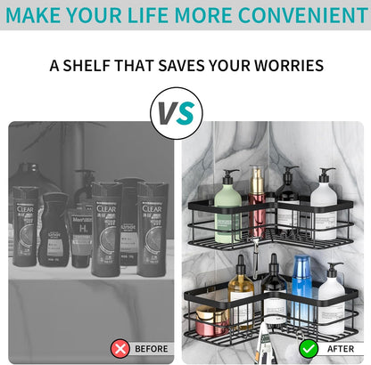 Yazoni Corner Shower Caddy, Adhesive Shower Shelves No Drilling [2-Pack], Rustproof Stainless Steel Bathroom Shower Organizer Wall Mounted with 8 Hooks (Black)