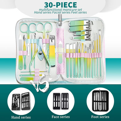 Manicure Set，30 in 1 Mens Set Professional，Nail Clipper for Men，Mens Nail Grooming Kit，Andrea Kit Women，Nail Care Women，with Luxury Leather Bag (Black)