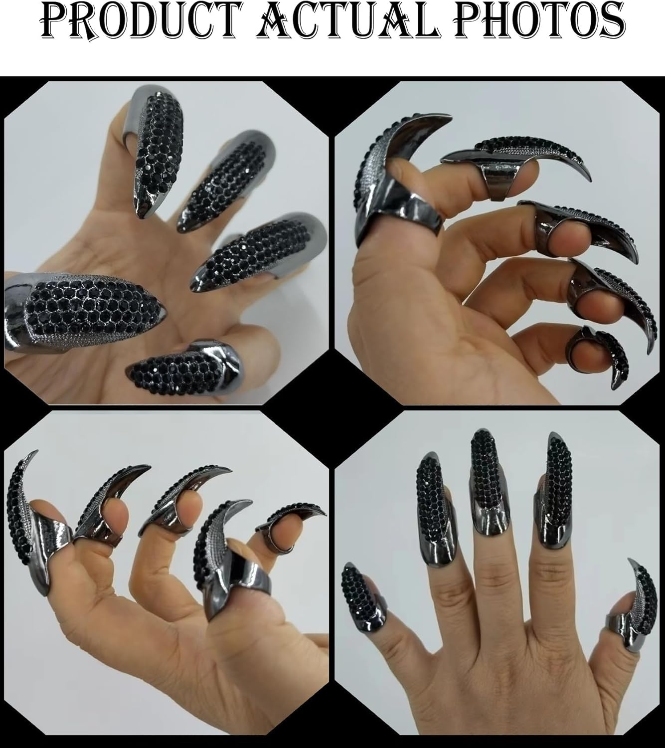 Bestga 10 PCS Halloween Costume Claws Fake Nails Ring Set, Gothic Punk 3 Sizes Crystal Full Finger Rings Paved Paw Bend Fingertip Fingernail Claw Girls Women Men Ring False Easy Long Nails (Black)