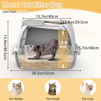 OGEMXU Stainless Steel Litter Box with Lid, Top Entry Covered Kitten Litter Box, Enclosed Litter Tray for Easy Cleaning & Odor Control, Includes Scoop and Litter Mat, Gray