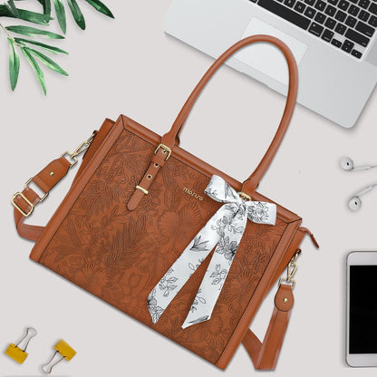 MOSISO Laptop Bag for Women, 17-17.3 inch PU Leathe Tote Bag Compatible with MacBook, HP, Dell, Asus Notebook, Front Embossed Retro Hibiscus Computer Bag with Silk Scarf&Clutch Purse, Gray - PuriLite
