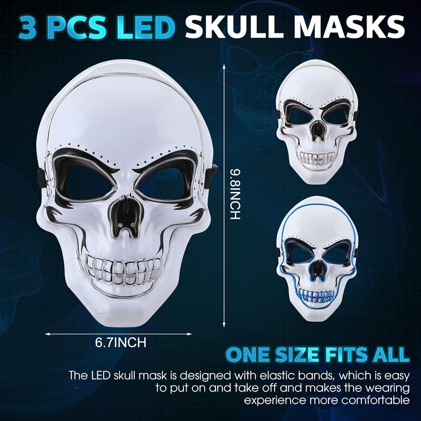 Liliful 3 Pcs Halloween Mask LED Scary Skull Light up Costumes with El Wire 3 Flashing Modes Skeleton Mask Accessories