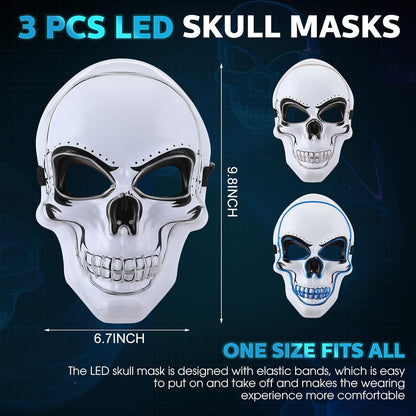 Liliful 3 Pcs Halloween Mask LED Scary Skull Light up Costumes with El Wire 3 Flashing Modes Skeleton Mask Accessories