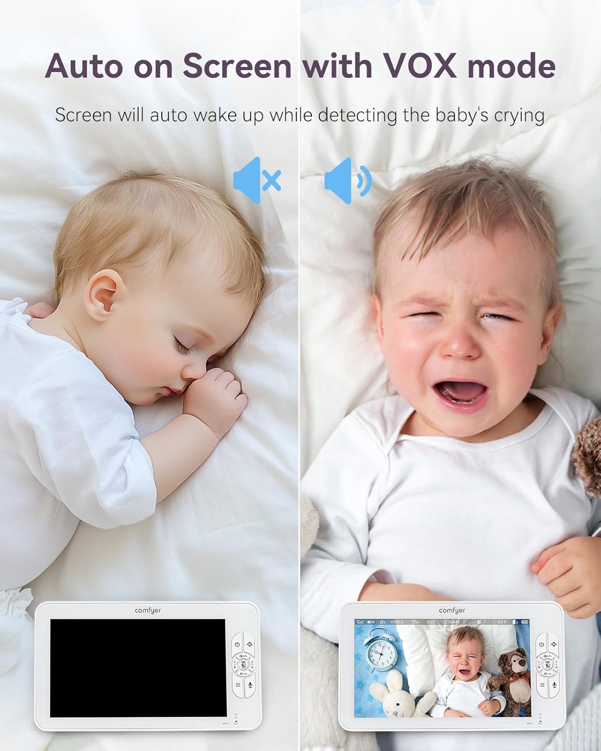 Comfyer 7" HD Split-Screen Baby Monitor with 2 Cameras, Video Baby Monitor with Camera and Audio, Flexible Bracket, Non-WiFi, VOX Mode, 2 Way Audio, Remote PTZ, Auto Night Vision