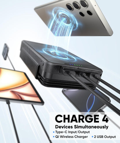 Solar Charger Power Bank - 38800mAh with Dual 5V3.1A Outputs 10W Qi Wireless Charger Waterproof Built-in 4 Solar Panel and Bright Flashlights (Deep Black)