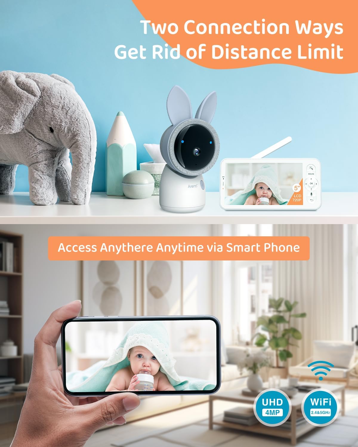 Arenti Baby Monitor 2 Cameras, 2K Smart Baby Camera 2PC with 5-Inch Upgraded Wireless Display 1PC, Super Night Vision, Lullabies, Cry & Motion Detection, Temp & Humidity Sensor, Two Way Audio, ‎Wifi 6