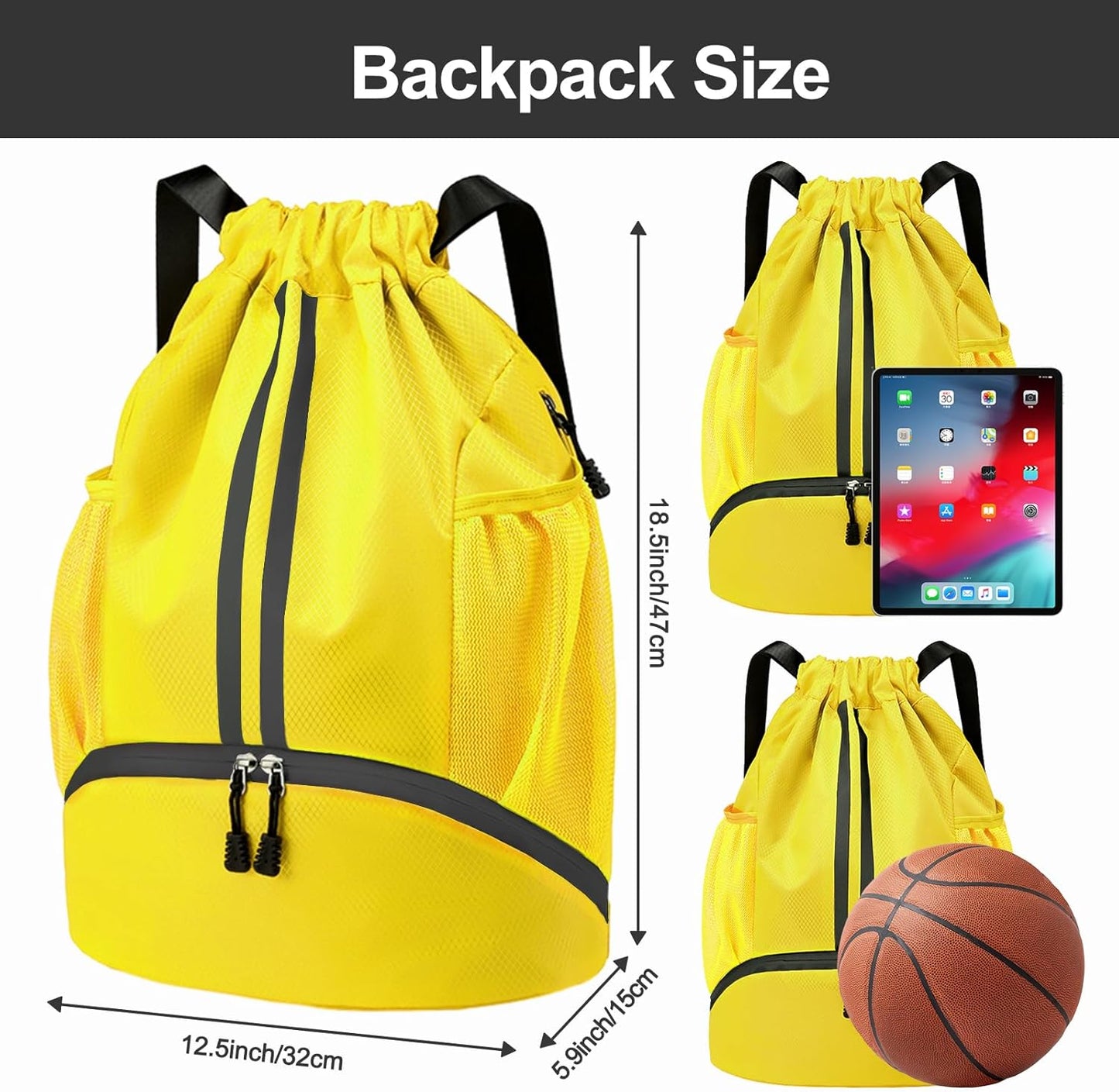 Hoedia Sports Drawstring Backpack - String Swim Gym Bag with Shoes Compartment and Wet Proof Pocket for Women/Men