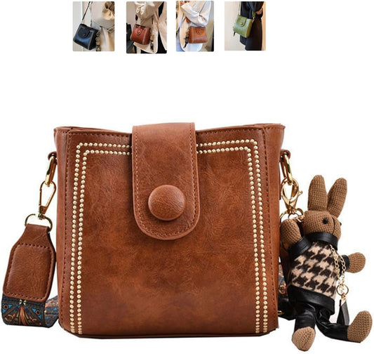 Purilite Select | Vintage Bucket Crossbody Bag | Adjustable Strap Purse with Bunny Charm | Retro Studded Shoulder Bag for Daily Use