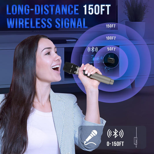 NEWBAXS Wireless Microphones,Dual Karaoke Microphone System,Microfonos Inalambricos with Rechargeable Receiver, Cordless Dynamic Mic Set for Singing, Wedding, DJ, Party, Speech,Micro Matte Gray - PuriLite