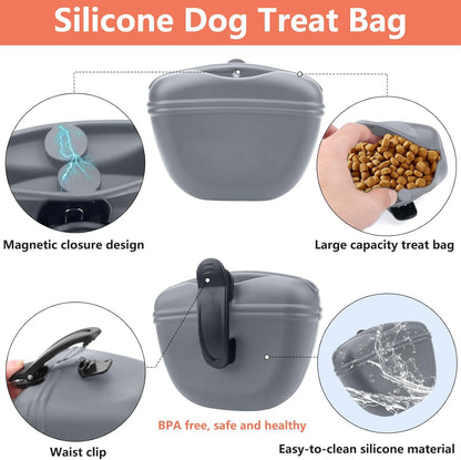 Dog Training Kit - Treat Pouch, Pet Training Fanny Pack, 2 Puppy Training Clickers, Ultrasonic Silent Whistle, 2-in-1 Whistle Clicker, Clicker Training Guide Booklet, Dog Poop Bag (Grey)