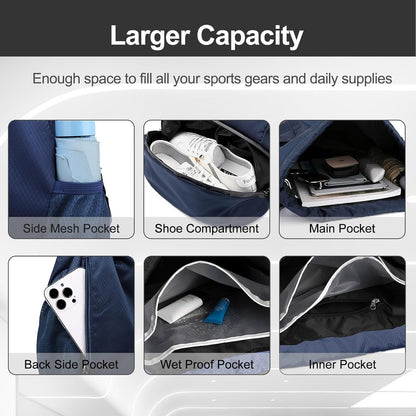 Hoedia Sports Drawstring Backpack - String Swim Gym Bag with Shoes Compartment and Wet Proof Pocket for Women/Men
