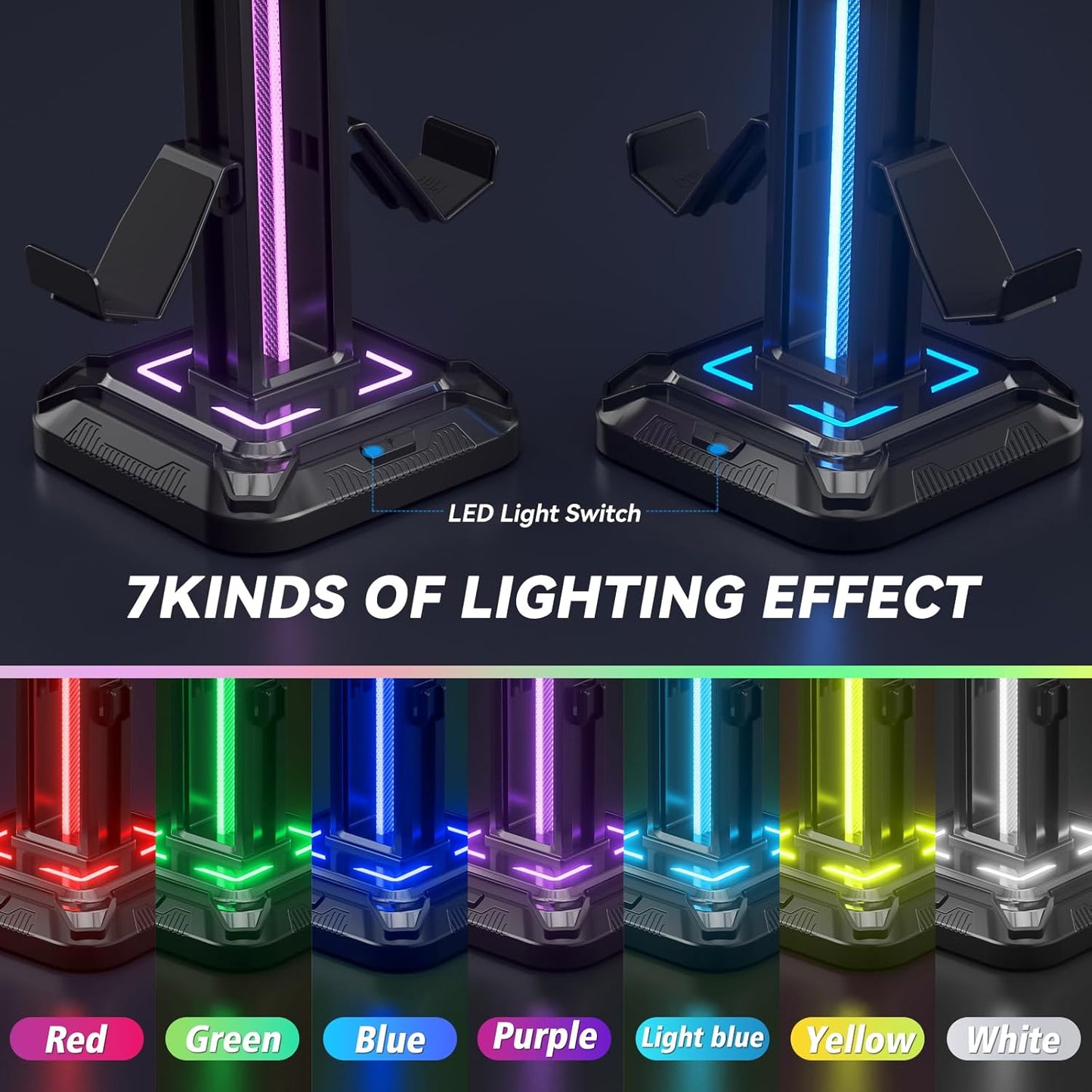 KDD RGB Headset Stand with 9 Light Modes – Rotating Headphone Holder with Detachable Controller Hooks - PuriLite