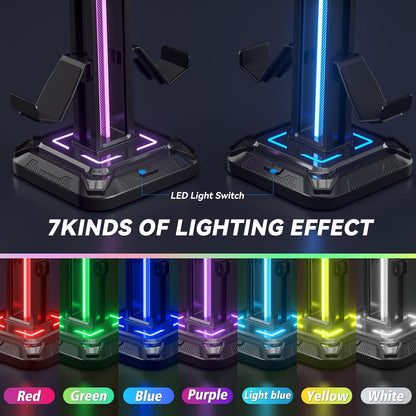 KDD RGB Headset Stand with 9 Light Modes – Rotating Headphone Holder with Detachable Controller Hooks - PuriLite