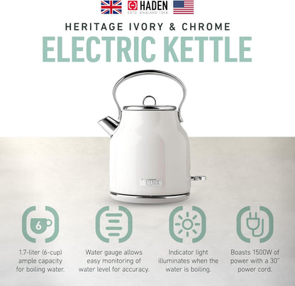 Haden 75041 Heritage 1.7 Liter (7 Cup) Stainless Steel Electric Kettle with Auto Shut-Off and Boil Dry Protection, Black/Copper