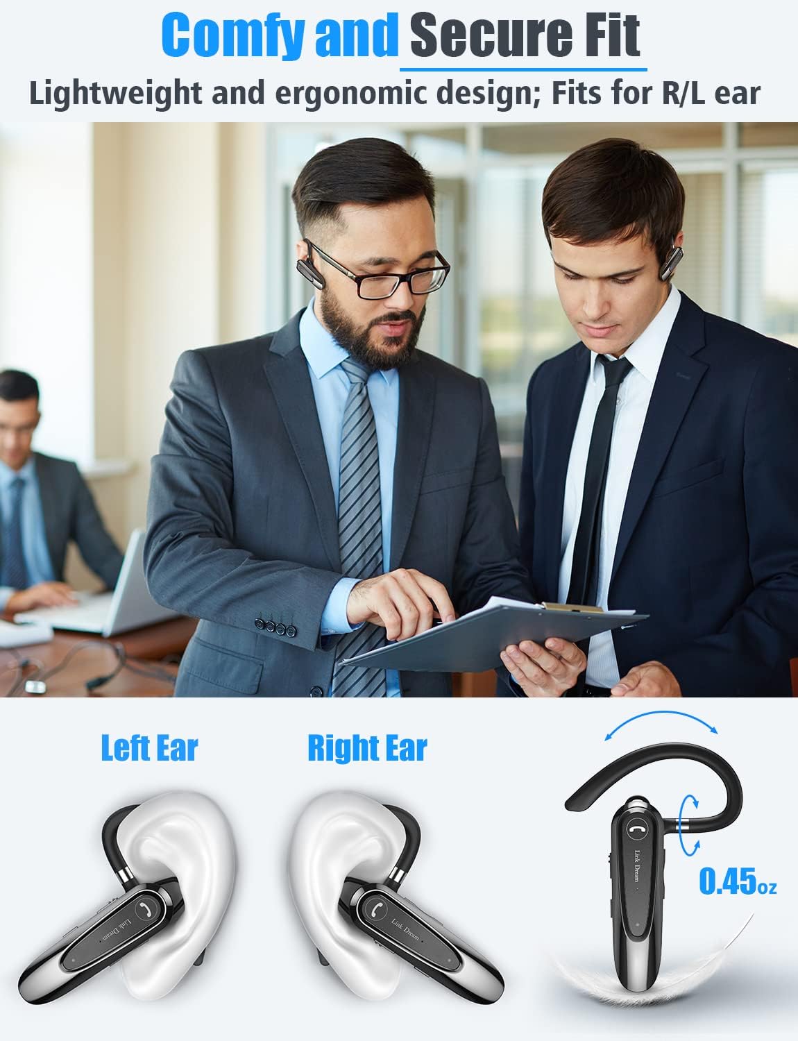 Bluetooth Earpiece Link Dream Wireless CVC8.0 Headset for Cell Phone Dual Mic Noise Canceling Handsfree Phone Earpiece w/Mute 20Hrs Talk Time 180 Days Standby for iPhone Android Home Office Driving