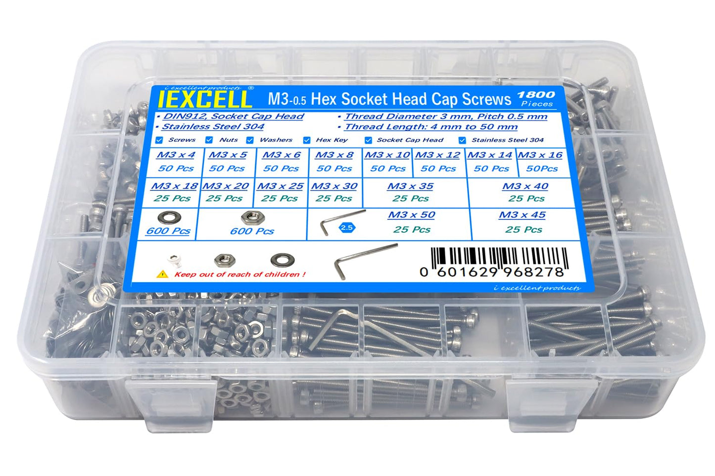 iexcell 25 Pcs M6 x 20mm Thread Pitch 1 mm Stainless Steel 304 Hex Socket Head Cap Screws Bolts Kit