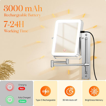 Gospire Height Adjustable Wall Mounted Lighted Makeup Mirror with Hooks, 3000mAh Rechargeable with 1X/10X Magnification, 3 Light Colors and Stepless Dimming for Bathroom