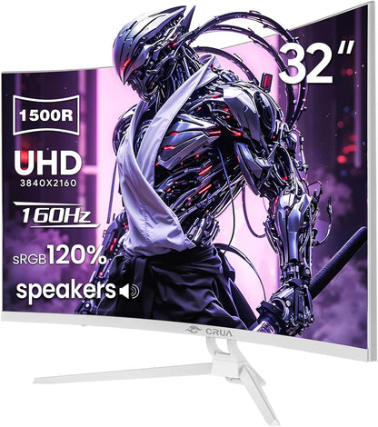CRUA 32'' Curved Gaming Monitor, 160Hz/144Hz 4K UHD(3840 * 2160P) White Computer Monitor, 1500R VA Screen, Supports Freesync, 120% sRGB, Built-in Speakers, RGB Lighting, Wall Mountable,HDMI 2.1&DP 1.4