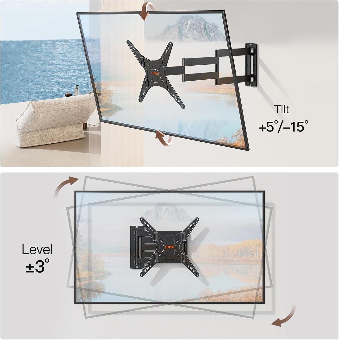 ELIVED Long Arm TV Wall Mount for Most 26-65 Inch TVs, 37.4 Inch Long Extension TV Mount Swivel and Tilt, Max VESA 400x400mm, Full Motion Wall Mount tv Bracket Holds up to 77 lbs.
