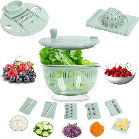 Salad Spinner Large, Vegetables Wash Bowl, Fruits & Herb Lettuce Dryer with 5 Blade Slicer Egg Yolk Strainer Shredder for Efficient Salad Preparation and Food Washing (5 in 1)